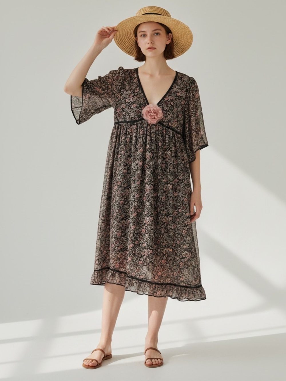 Zara Basic Black  Floral Midi Dress Size Medium